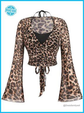 Plus Size Leopard Halter Top Mesh Flare Sleeve Tie Back T Shirt